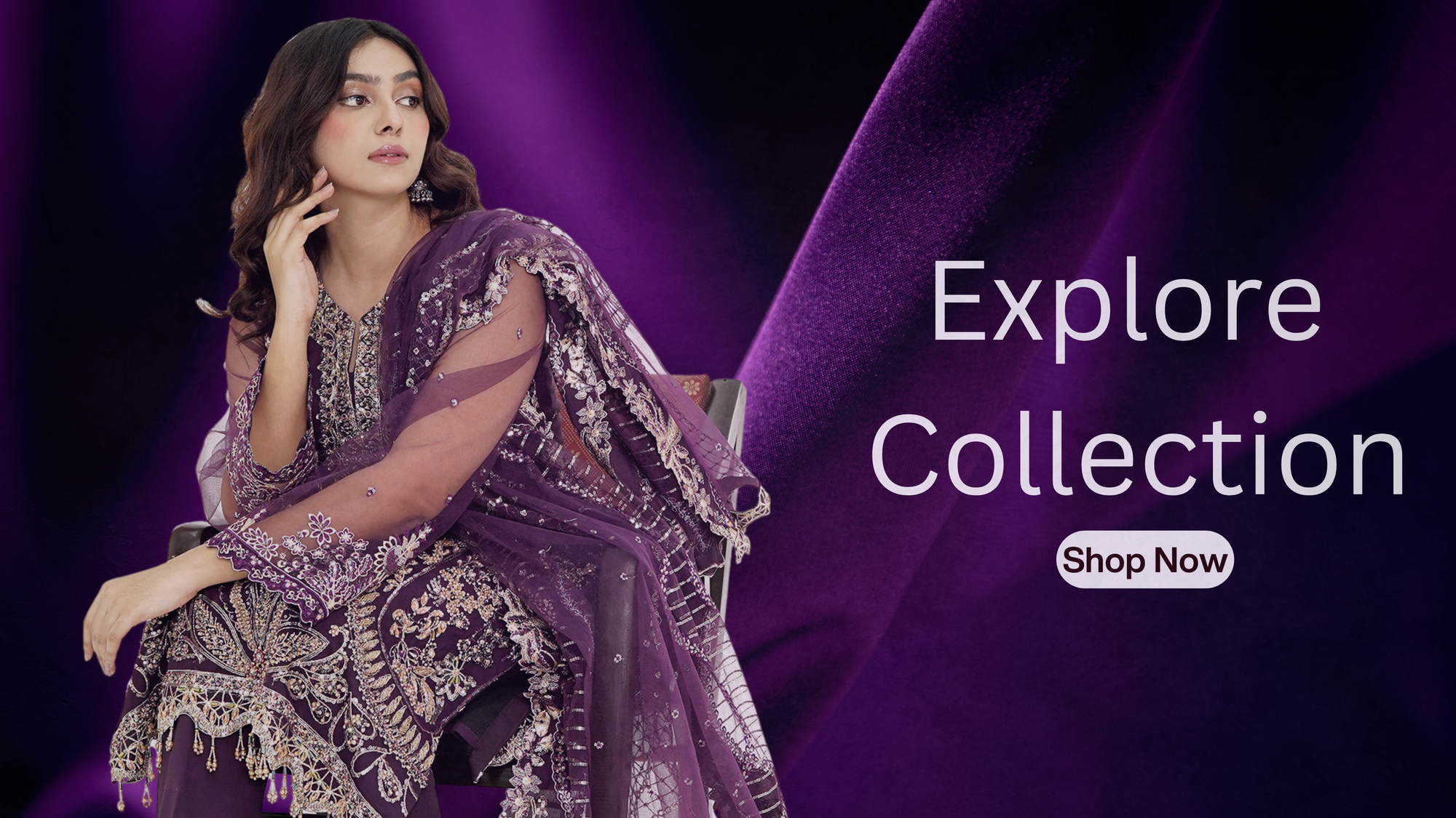 Woman in a purple traditional outfit with 'Explore Collection' text on a dark purple background